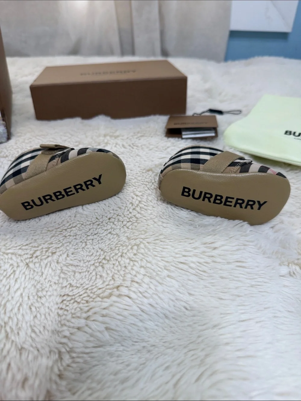 Burberry Beige Black Check Baby Walker Shoes with Tan Strap